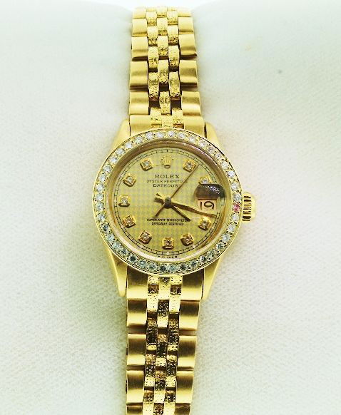 Ladies 18KTY Gold Rolex Diamond DateJust Wristwatch A61: Ladies 18KTY Gold Rolex Diamond DateJust Wristwatch A612 Excellent Condition! One ladies hand crafted & machine milled Rolex DateJust model the Lady President wristwatch electronically tested 18KT yel