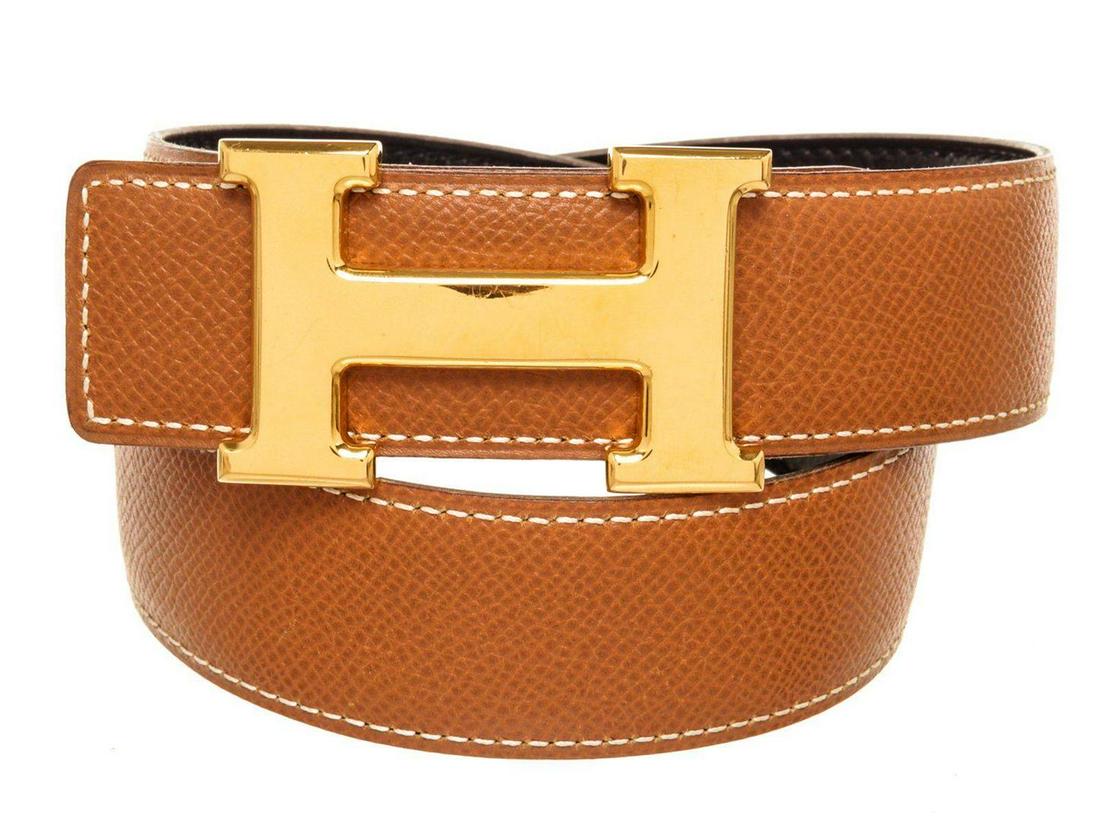Hermes Brown Leather H 60 Belt: Hermes Brown Leather H 60 Belt with leather gold-tone hardware and turn lock closure.