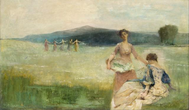 Thomas Dewing - Spring: Artist: Thomas Dewing - Title: Spring - Medium: Fine Art Giclee on Canvas - Image Size: Approximately 18.5 inches x 32 inches - Framed: Unframed on Unstretched Canvas - Biography: Thomas Wilmer Dewing