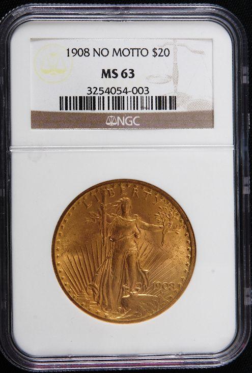 1908 Saint Gaudens No Motto $20 MS63 GCE58 Gold Coin: 1908 Saint Gaudens No Motto $20 MS63 GCE58 Gold Coin Great Condition. Professionally graded as an MS63 by NGC. 6A106191. Great color and nice looking coin. - Thank you for viewing this lot. We are alw