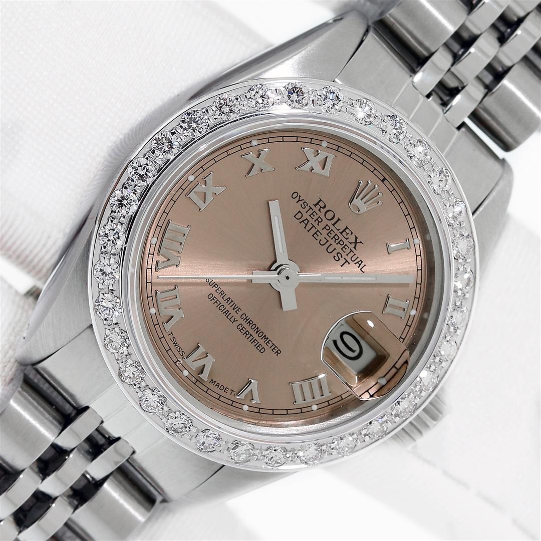 Rolex Ladies Salmon Roman Diamond Datejust Wristwatch: One Ladies Pre Owned Stainless Steel Rolex Datejust Polished Bright with Satin Finish Serviced & Electronically Tested, Rolex Stainless Steel Case: 26mm, Rolex Stainless Steel Crown, Custom Bezel: New
