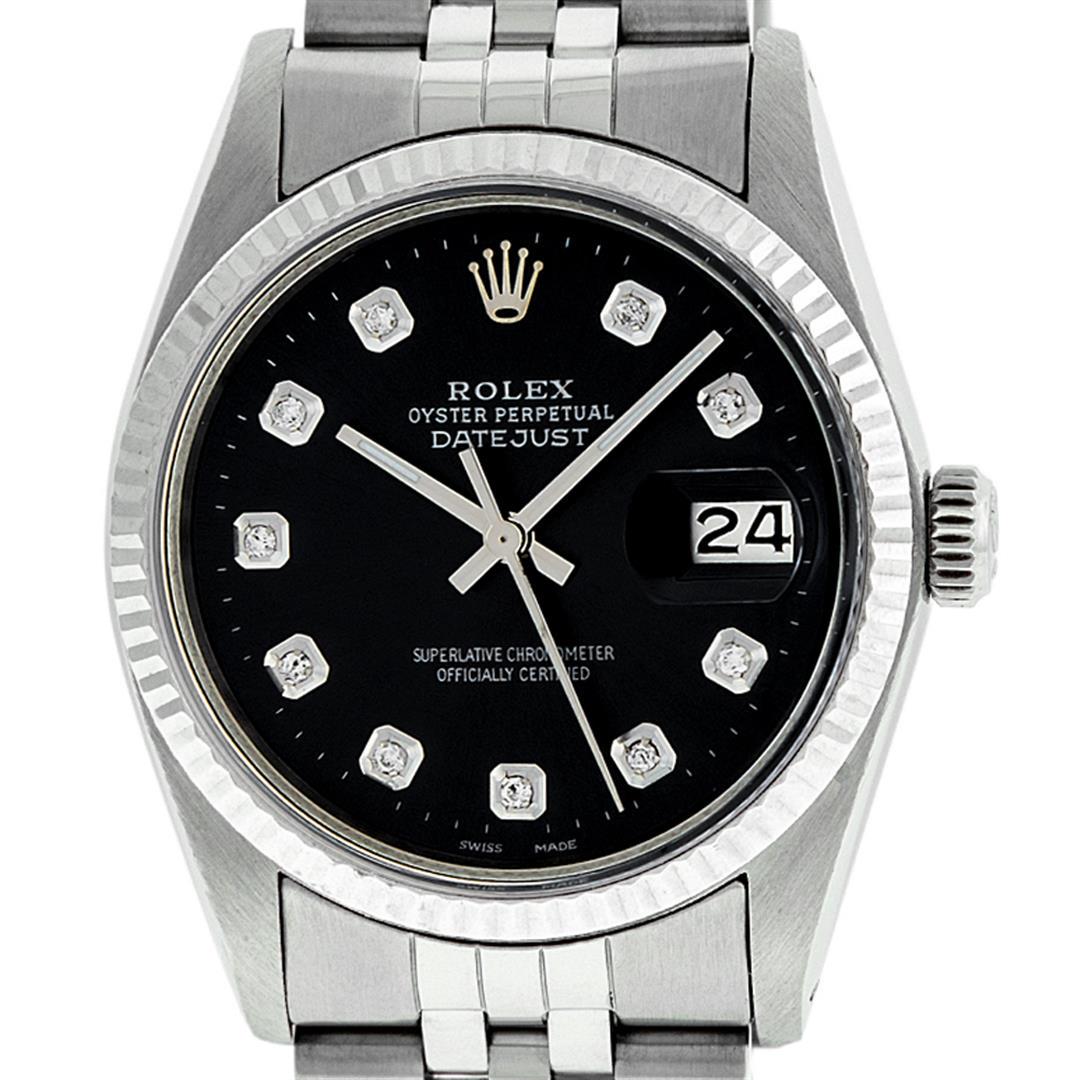 Rolex Mens Stainless Steel Black Diamond 36MM Datejust: One Mens Rolex Stainless Steel Datejust Polished Bright with Satin Finish, This Watch Has Been Serviced & Electronically Tested, Stainless Steel Case: 36mm, Stainless Steel Crown, Custom Bezel: New St