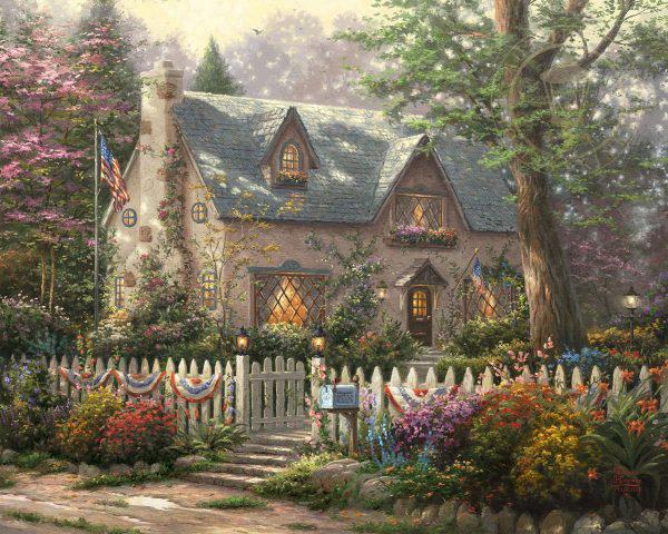 Liberty Lane Cottage by Thomas Kinkade: Liberty Lane Cottage by Thomas Kinkade. Unframed and stretched on Limited Edition enhanced canvas. Comes with certificate of Authenticity! Dimension (inches): 20x24