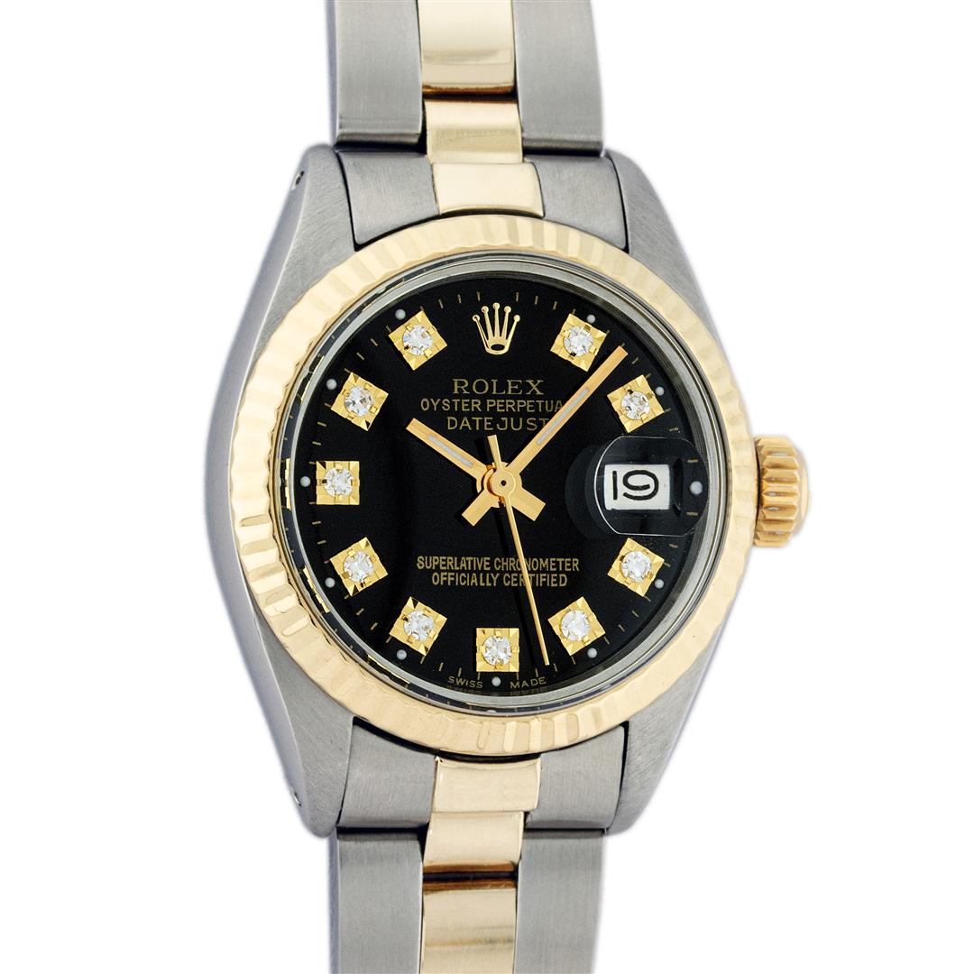 Rolex Ladies 26 Black Diamond Oyster Perpetual Datejust: One Ladies Two Tone Yellow Gold And Stainless Steel Rolex Datejust Polished, Serviced & Electronically Tested, Yellow Gold & Stainless Steel Case: 26mm, Yellow Gold Crown, Bezel: Yellow Gold Fluted Be
