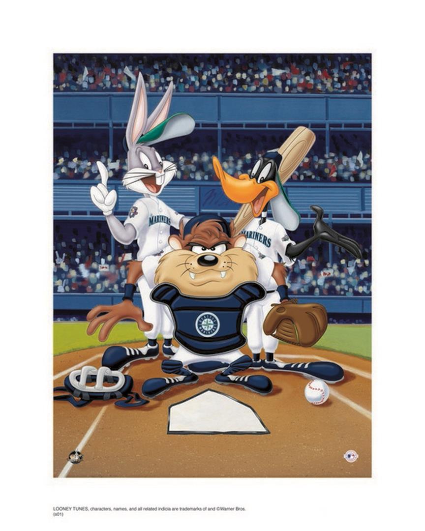 Warner Brothers Hologram At the Plate Mariners: Artist: Warner Brothers - Title: At the Plate Mariners - Medium: Giclee on Fine Art Paper - Limited Edition: 500 - Image Size: Approximately 16 Inches x 12 inches - Paper Size: Approximately 20 inches