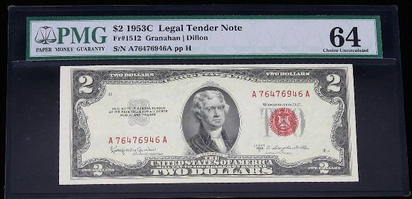 FR.1512 1953C $2 Legal Tender Note. PM1626: "FR.1512 1953C $2 Legal Tender Note. PM1626 Excellent Condition! GF4UY. FR.1512 Granahan/Dillon 1953C $2 Legal Tender Note. PMG 64.- Thank you for viewing this lot. We are always adding new inventory 