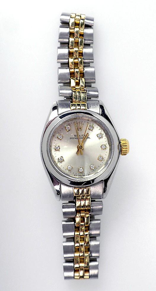 Lady Rolex Two-Tone Oyster Perpetual Wristwatch. 38.84g: "Lady Rolex Two-Tone Oyster Perpetual Wristwatch. 38.84gm. A1296. Excellent Condition! DS1031RF. One Ladies, hand crafted & machine milled Rolex Oyster Perpetual Model Stainless Steel & 14KT yellow go