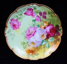 Limoges Hand Painted Roses Plaque Charger Duval ED315: "Limoges Hand Painted Roses Plaque Charger Duval ED315 Excellent Vintage Condition! SB192ER. Hand painted roses. Artist signed "DUVAL". Jean Pouyat, Limoges (1890+). 10-1/2 inches wide. NO chips/crack