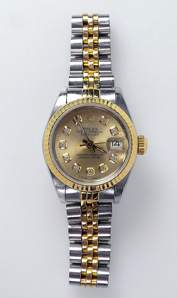 Lady Rolex Two-Tone DateJust Model Wristwatch. 54.82gm.: "Lady Rolex Two-Tone DateJust Model Wristwatch. 54.82gm. A1301. Excellent Condition! BX1061ZP. One ladies, hand crafted & machine milled Rolex Datejust Model Stainless Steel & 14KT yellow gold wristwa
