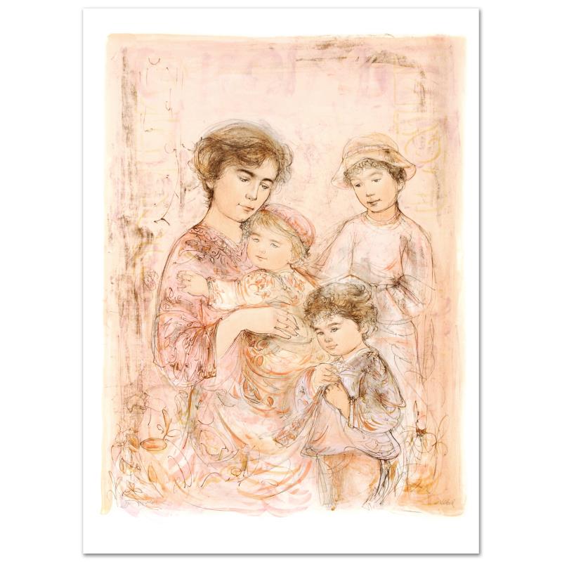Lotte and Her Children by Hibel (1917-2014): "Lotte and Her Children" is a limited edition lithograph on paper, numbered and hand signed by Edna Hibel (1917-2014). Includes Certificate of Authenticity! Measures approx. 30" x 42" (with border), 2