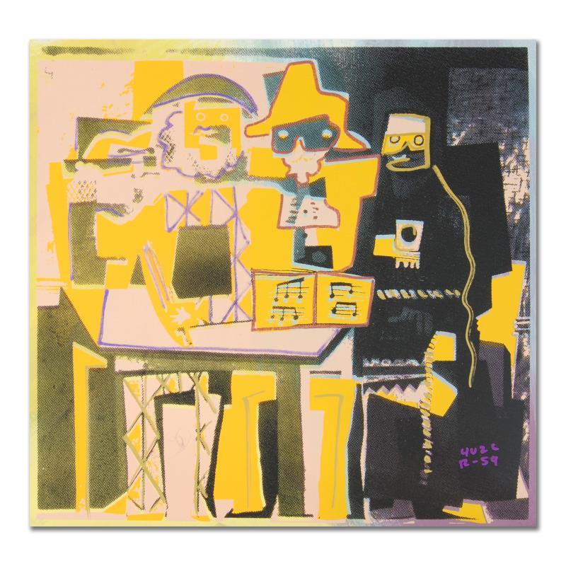 Three Musicians (Picasso) by "Ringo" Daniel Funes: "Three Musicians (Picasso Homage)" is a one-of-a-kind hand-pulled silkscreen and mixed media painting on canvas by Ringo. This piece is hand signed by the artist and comes from the Andy Warhol Legacy 