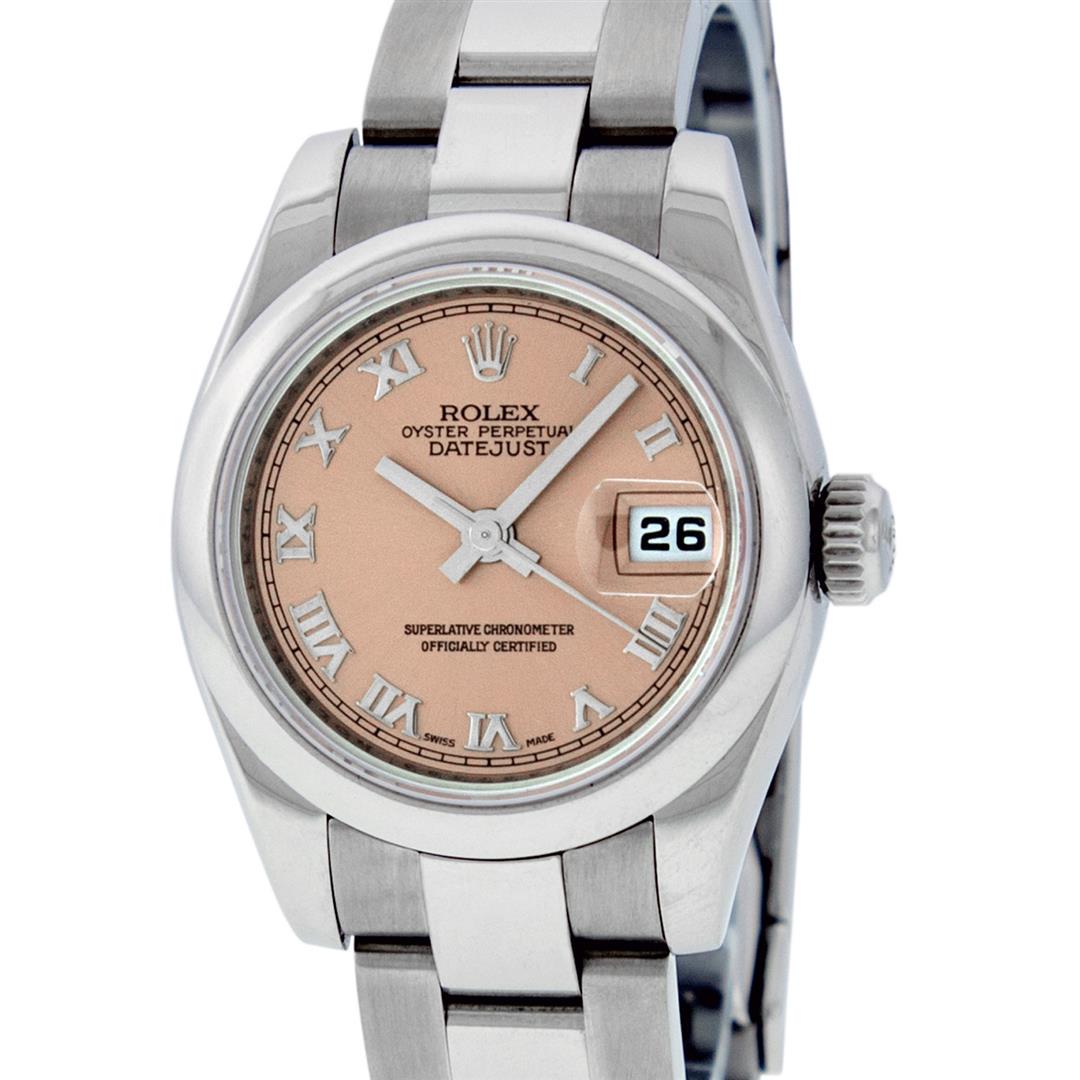 Rolex Ladies New Style 26 Quickset Datejust Salmon: One New Style Ladies Quickset Stainless Steel Rolex Datejust Polished Bright with Satin Finish, Serviced & Electronically Tested, Stainless Steel Case: 26mm, Stainless Steel Crown, Bezel: Stainless St