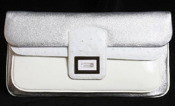 $2,065 Kara Ross Ostrich Bag/Purse. ED400: "$2,065 Kara Ross Ostrich Bag/Purse. ED400. Excellent Condition! NB802QW. NWT "Lucis" patent & Ostrich white clutch retail $2,065- Metallic silver leather clutch. Genuine white ostrich trim on tab clo
