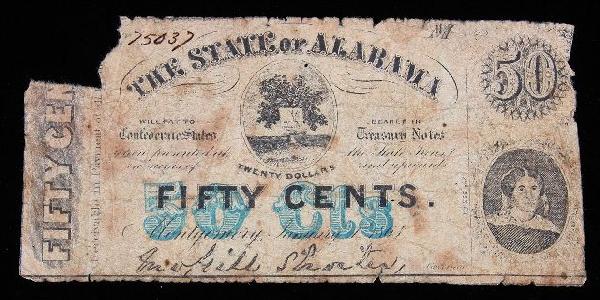 1863 State of Alabama Treasury Note to Confederate Stat: "1863 State of Alabama Treasury Note to Confederate States. PM1650 Excellent Circulated Condition! ML51FV. January 1, 1863 State of Alabama $0.50 Treasury Note payment to Confederate States. . Thank y