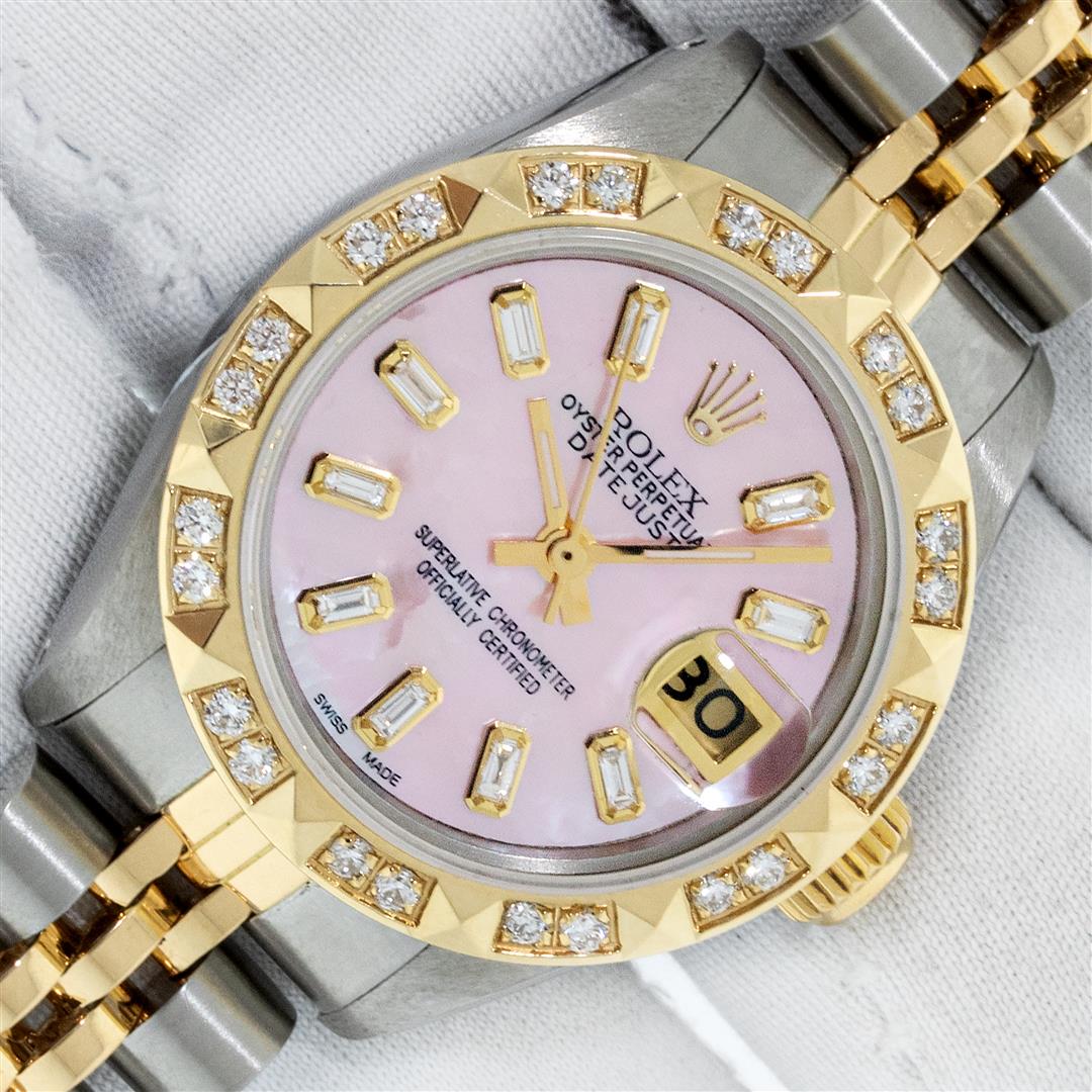 Rolex Ladies 26 2T Pink MOP Baguette 18K YG Diamond: One Ladies Yellow Gold Two Tone and Stainless Steel Rolex Datejust Polished, Serviced & Electronically Tested, Yellow Gold & Stainless Steel Case: 26mm, Yellow Gold Crown, Custom Bezel: 18K Yellow Gol