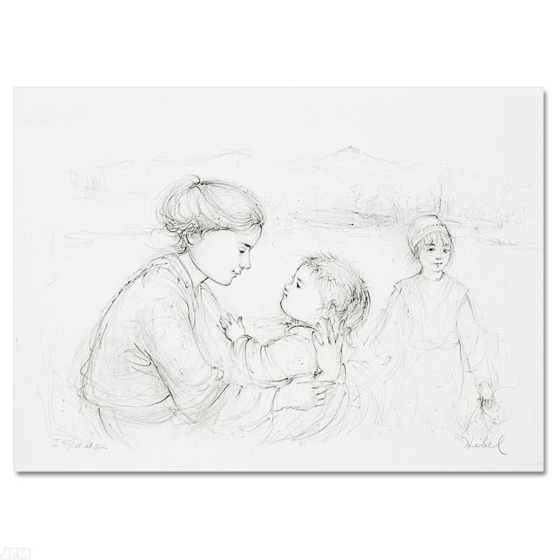 Playful Mother and Baby by Hibel (1917-2014): "Playful Mother and Baby" is a limited edition lithograph on paper, numbered and hand signed by Edna Hibel (1917-2014). Includes Certificate of Authenticity! Measures approx. 16" x 11.5" (with border)