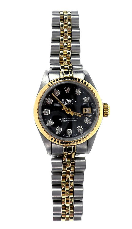 Lady Rolex Two-Tone DateJust Wristwatch. 50.89gm. A1302: "Lady Rolex Two-Tone DateJust Wristwatch. 50.89gm. A1302. Excellent Condition! FC1061RF. One ladies, hand crafted & machine milled Rolex DateJust Model Stainless Steel & 14KT yellow gold wristwatch el