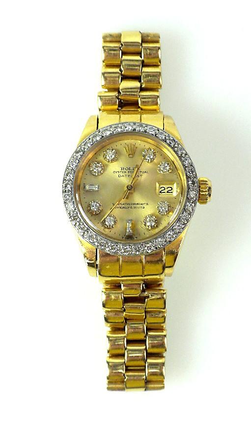 Ladies 18KTY Gold Rolex Diamond DateJust Wristwatch 0.6: "Ladies 18KTY Gold Rolex Diamond DateJust Wristwatch 0.62ct A1597. Excellent Condition! NB1083DX. One ladies, hand crafted & machine milled Rolex DateJust model the Lady President wristwatch electroni