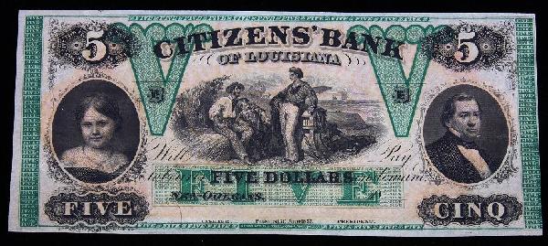 1857 $5 Citizens Bank of Louisiana Payment Note. PM1653: "1857 $5 Citizens Bank of Louisiana Payment Note. PM1653 Excellent Circulated Condition! HJ16TY. June 30, 1857 $5 Citizens Bank of Louisiana Payment Note. Unsigned.. Thank you for viewing this lot. We