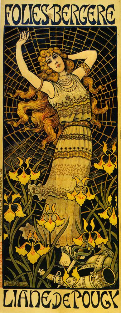 Paul Berthon - Folies Bergere: Artist: Paul Berthon - Title: Folies Bergere - Medium: Fine Art Reproduction Giclee on Canvas - Image Size: Approximately 32 inches x 12.5 inches - Unframed on Unstretched Canvas - aul Berthon (1872-1