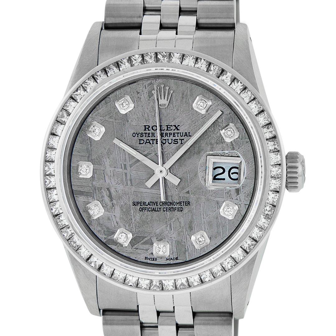 Rolex Mens SS Meteorite Diamond Princess Cut 36MM: One Mens Stainless Steel Rolex Datejust Polished Bright with Satin Finish, Fully Serviced & Electronically Tested, Stainless Steel Case: 36mm, Stainless Steel Crown, Custom Bezel: New 14K White Gold 2