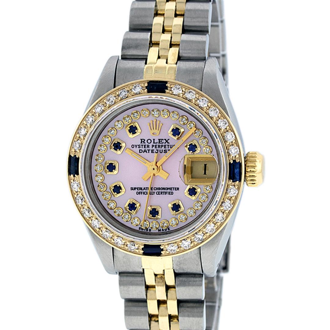 Rolex Ladies 2 Tone Pink MOP Diamond & Sapphire String: One Ladies Two Tone Rolex Datejust Polished, Serviced & Electronically Tested, Yellow Gold & Stainless Steel Case: 26mm, Yellow Gold Crown, Custom Bezel: New 18K Yellow Gold Sapphire Beadset Diamond B