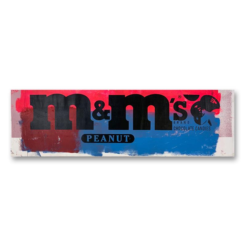 M&Ms Peanut by Steve Kaufman (1960-2010): "M&Ms" is a hand pulled silkscreen mixed media on canvas by Andy Warhol protege Steve Kaufman (1960-2010). This piece is hand signed inverso. Includes letter of authenticity. As is common with Kaufman