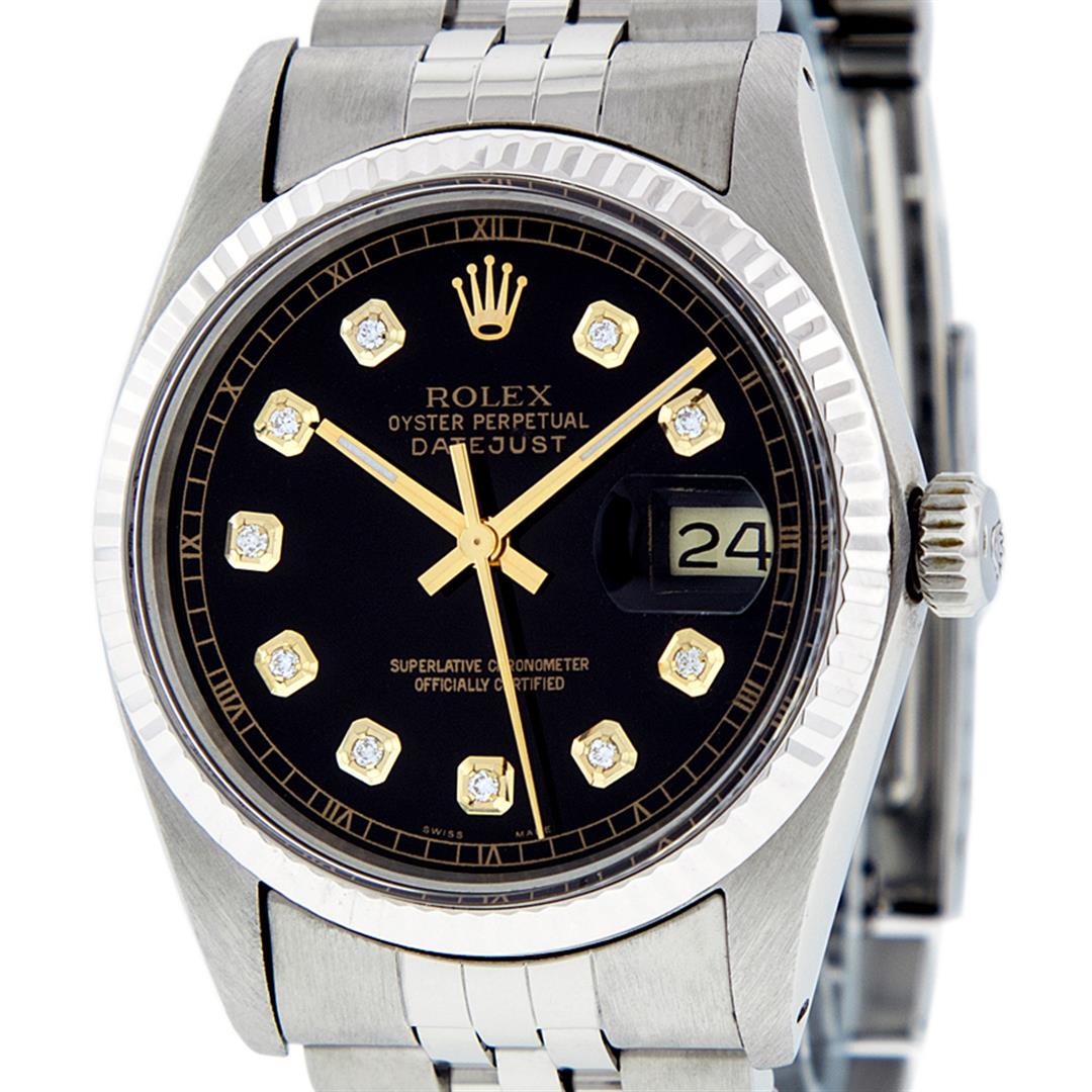 Rolex Mens Stainless Steel 36MM Black Diamond Datejust: One Mens Stainless Steel Rolex Datejust Polished, Serviced & Electronically Tested, Stainless Steel Case: 36mm, Stainless Steel Crown, Original Bezel: 14K White Gold Fluted Bezel. Custom Crystal: New