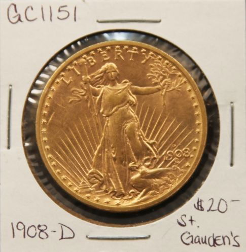 1908-D $20 St. Gauden's Gold Coin GC1151: "1908-D $20 St. Gauden's Gold Coin GC1151. As-Is Condition! JP1631YB. 1908-D $20 St. Gauden's Gold Coin.. - Thank you for viewing this lot. We are always adding new inventory and new auctions, so chec