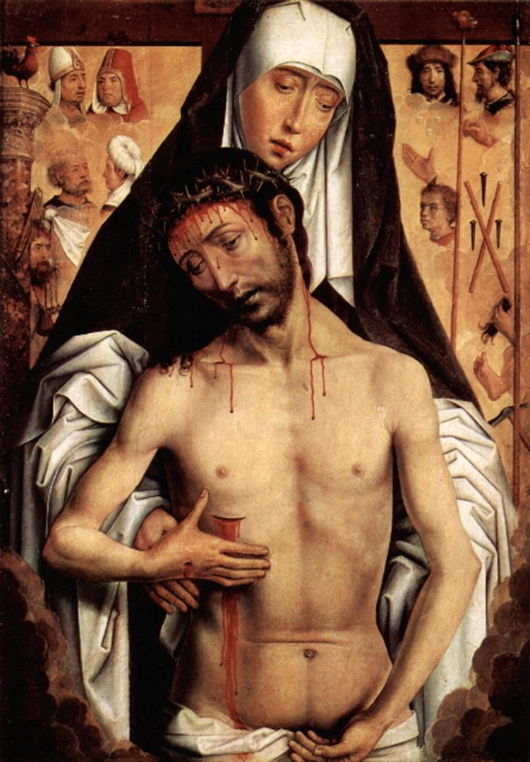 Hans Memling - Maria with Dying Christ: Artist: Hans Memling - Title: Maria with Dying Christ - Medium: Fine Art Giclee on Canvas - Image Size: Approximately 14 inches x 20 inches - Unframed on Unstretched Canvas - Biography: Hans Memling (