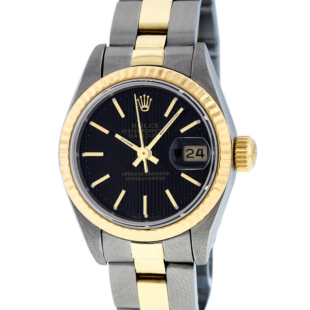 Rolex Ladies 2T 26 Black Index Tapestry Datejust Oyster: One Ladies Two Tone Yellow Gold And Stainless Steel Rolex Datejust Polished, Serviced & Electronically Tested, Yellow Gold & Stainless Steel Case: 26mm, Yellow Gold Crown, Bezel: Yellow Gold Fluted Be