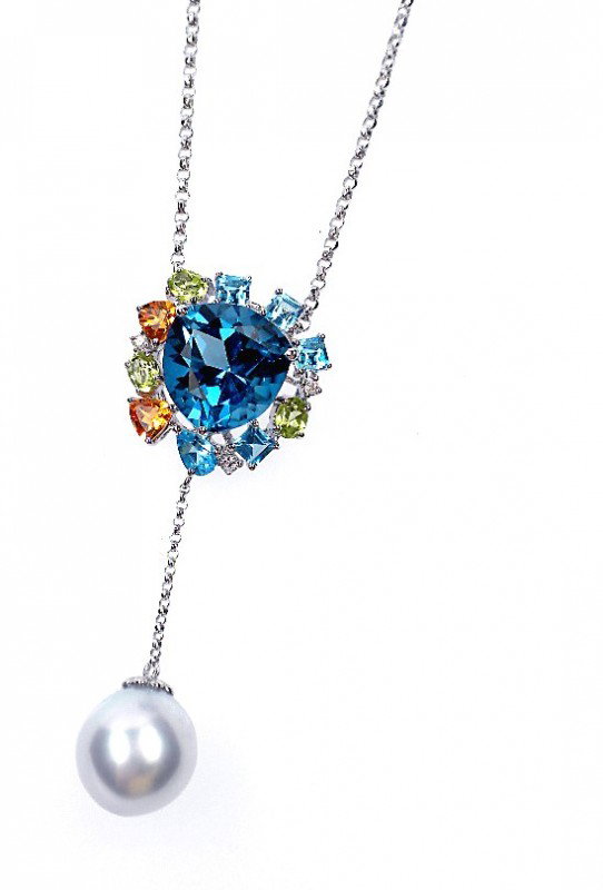 18KT White Gold Multi-Gemstone Freshawater Cultured Pea: 18KT White Gold Multi-Gemstone Freshawater Cultured Pearl and Diamond Pendant w/Chain. A1463. Excellent Condition! One electronically tested 18KT white gold ladies cast & assembled multi-gemstone, fre