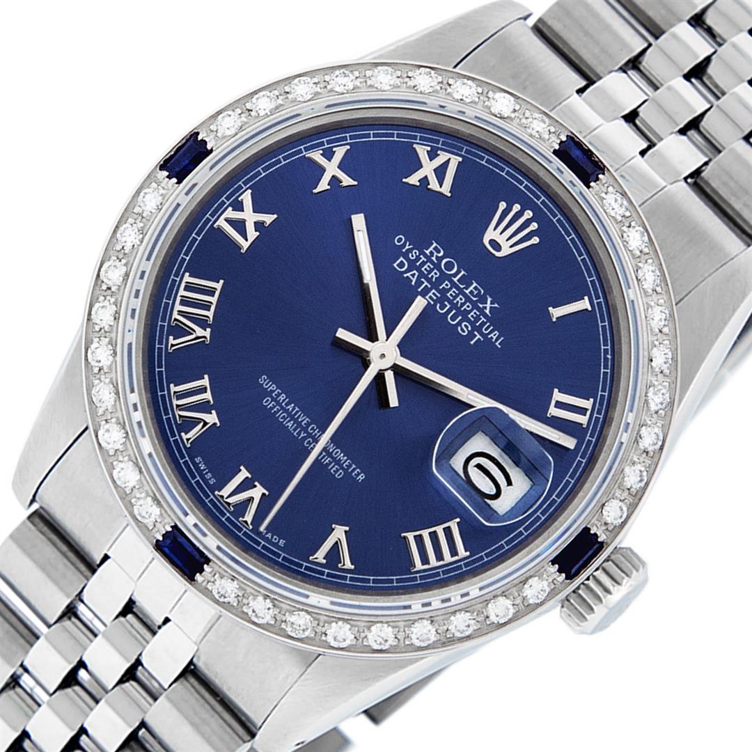 Rolex Mens Stainless Steel Blue Roman Diamond &: One Mens Stainless Steel Rolex Datejust Polished Bright with Satin Finish, This Watch Has Been Serviced & Electronically Tested, Stainless Steel Case: 36mm, Stainless Steel Crown, Custom Bezel: New 18