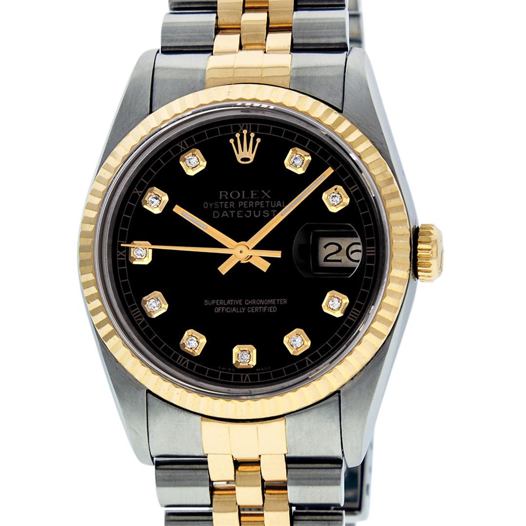 Rolex Mens 2 Tone Black Diamond 36MM Datejust: One Mens Pre Owned Yellow Gold Two Tone Rolex Datejust Polished, Serviced & Electronically Tested, Rolex Yellow Gold & Rolex Stainless Steel Case: 36mm, Rolex Yellow Gold Crown, Rolex Bezel: 18K Yello