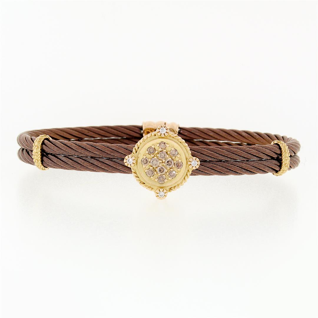 ALOR 18K Gold 0.33 ctw Champagne Diamond Bronze Steel: A solid 18k petra gold and PVD bronze steel cable bangle bracelet ALOR by Charriol, with 12 round brilliant cut natural diamonds (Fancy Champagne Color - VS Clarity; 0.30ctw), and 4 round brilliant cu
