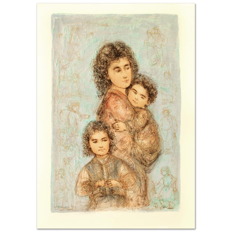 Catherine and Children by Hibel (1917-2014): "Catherine and Children" is a limited edition lithograph on paper, numbered and hand signed by Edna Hibel (1917-2014). Includes Certificate of Authenticity! Measures approx. 25" x 35.5" (with border),
