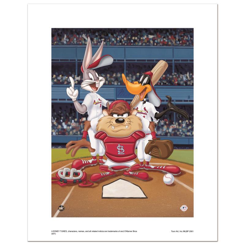 At the Plate (Cardinals) by Looney Tunes: "At the Plate (Cardinals)" is a limited edition giclee on paper from Warner Bros. featuring iconic Looney Tunes characters in St. Louis Cardinals MLB uniforms. It comes numbered, with hologram seal, a