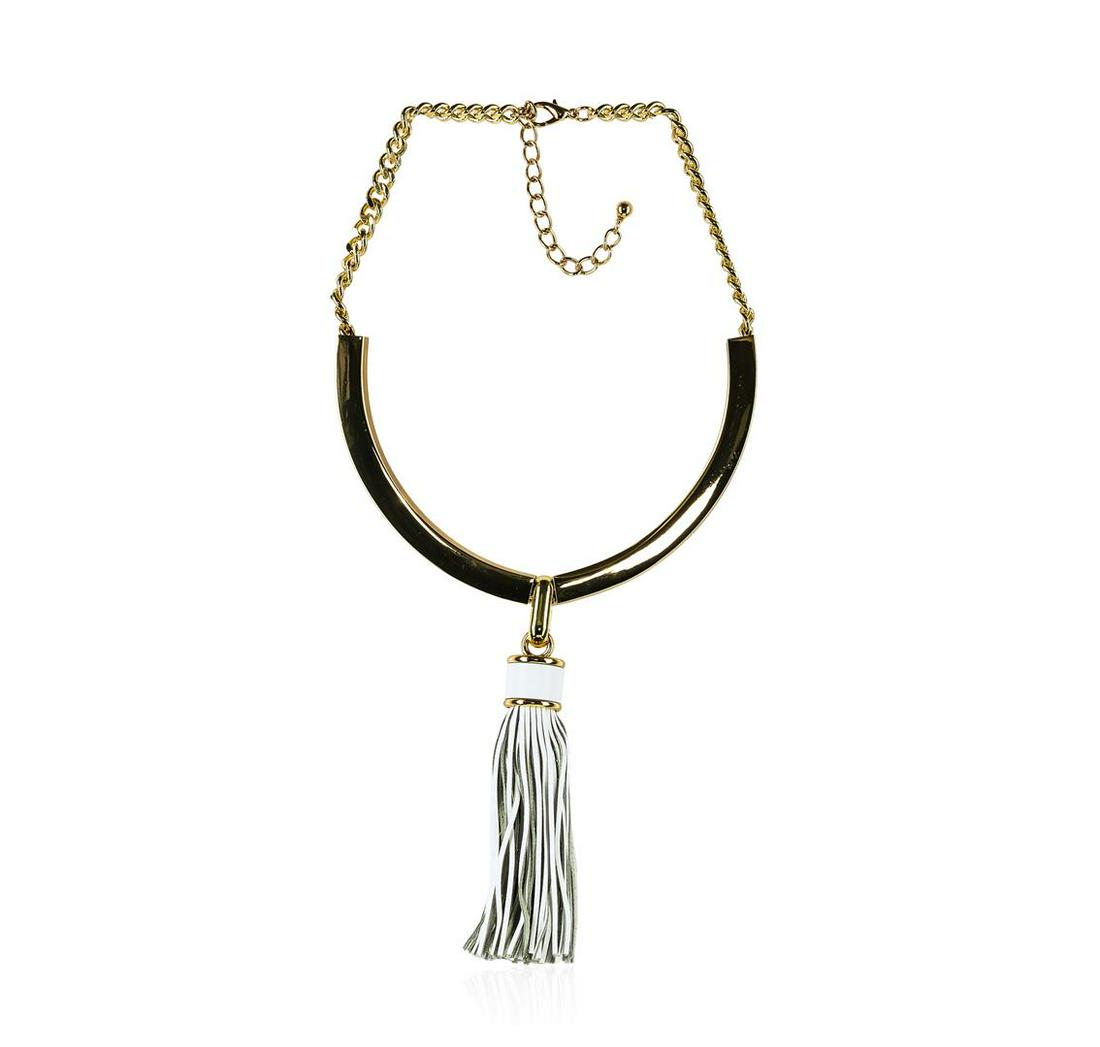 Leather Tassel Pendant Necklace - Rhodium Plated: High end designer jewelry. Leather Tassel Pendant Necklace - Rhodium Plated. Gold Plated Metal/3.5 Ext Clasp. White/gold. 18/5 Inches. Total Weight: 159 grams.