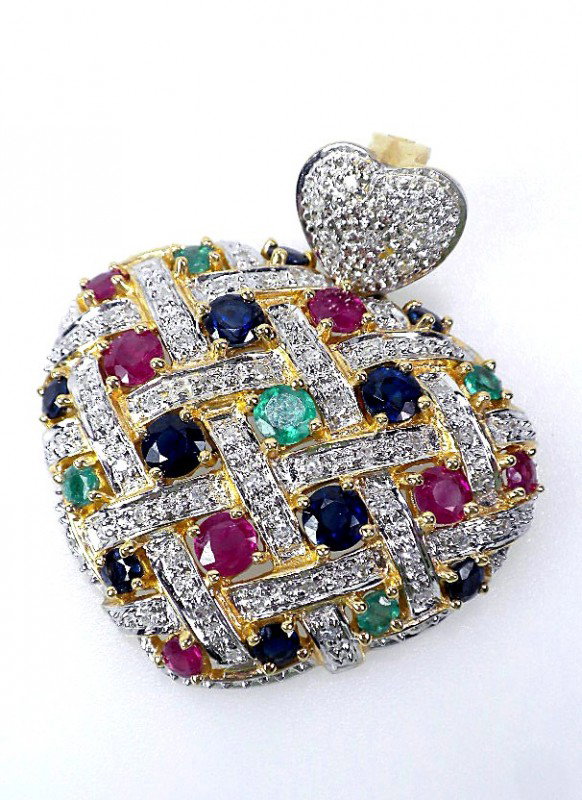 14KT Yellow Gold Ladies Multi-Gemstone & Diamond H: "14KT Yellow Gold Ladies Multi-Gemstone & Diamond Heart Enhancer. A1391. Excellent Condition! One electronically tested 14KT yellow gold ladies cast & assembled multi-gemstone and diamond heart enhanc