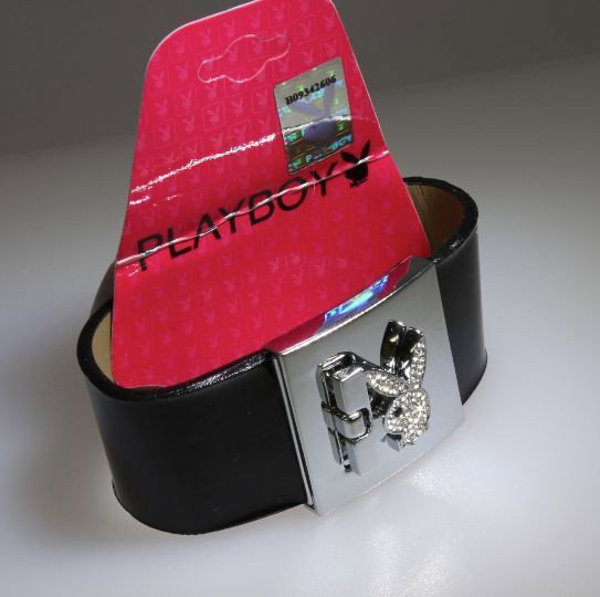 Playboy Leather Cuff Bracelet New w/Tag ED502: "Playboy Leather Cuff Bracelet New w/Tag ED502. Excellent Condition! HU12CF. New with tag PLAYBOY brand new bracelet! Black leather & silver tone with genuine crystals. Measures 7.5". Thank you for vi