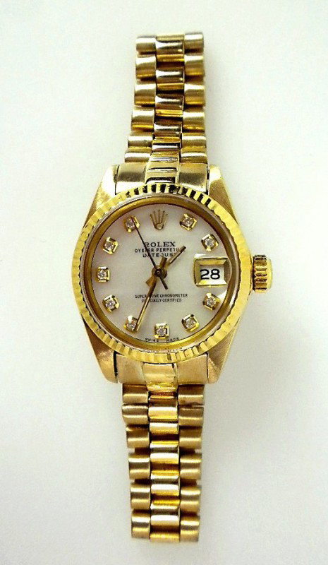 Ladies 18KTY Gold Rolex President DateJust Wristwatch 5: "Ladies 18KTY Gold Rolex President DateJust Wristwatch 55.30gm A1707. Excellent Condition! MK7014DS. One ladies, hand crafted & machine milled Rolex Lady President, the DateJust model wristwatch elect
