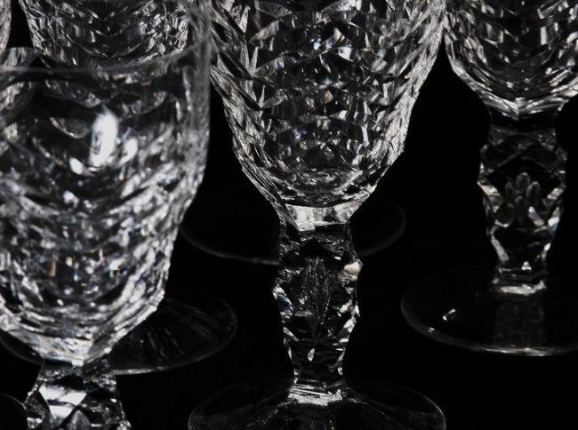 Amazing Art Deco Cut Glass Crystal Wine & Champagne Set: "Amazing Art Deco Cut Glass Crystal Wine & Champagne Set. NS74. Excellent Vintage Condition! SLKA. Heavy, hand cut, hand blown art deco set - UNBELIEVABLE! No signature or mark; but is Baccarat qualit