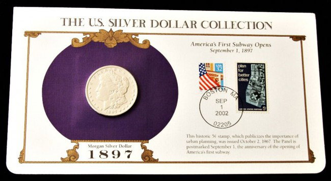 1897-O Morgan Silver Dollar Coin, Stamp Historic Card S: "1897-O Morgan Silver Dollar Coin, Stamp Historic Card SDCard7. As-Is Condition! FW7KP. The U.S. silver dollar collection of an 1897-O Morgan Silver Dollar and a historic 5 cent stamp, which publicize