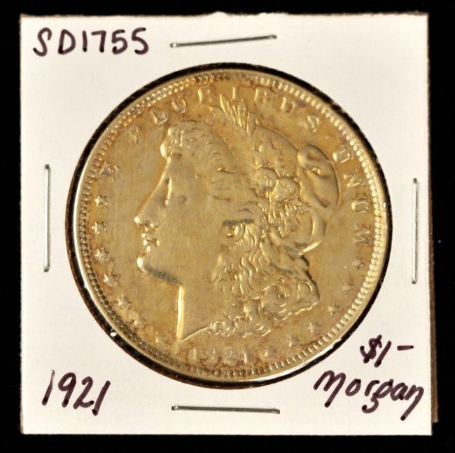 1921 Gold Plated Morgan Silver Dollar Coin SD1755: "1921 Gold Plated Morgan Silver Dollar Coin SD1755. As-Is Condition! KQ12FS. 1921 Gold Plated Morgan Silver Dollar Coin. Thank you for viewing this lot. We are always adding new inventory and new auct