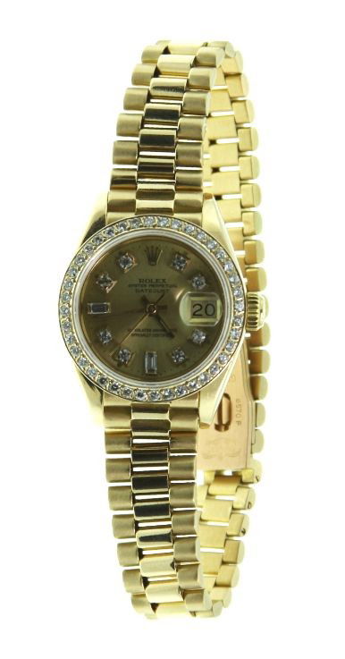 Ladies 18KTY Gold Rolex President DateJust Wristwatch 1: "Ladies 18KTY Gold Rolex President DateJust Wristwatch 1ct A1910. Excellent Condition! JG1634EQ. One ladies, hand crafted & machine milled Rolex Lady President, DateJust model wristwatch electronicall
