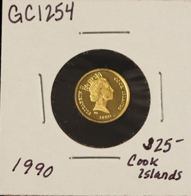 1990 Cook Islands $25 Cat Gold Coin 1/25oz GC1254: "1990 Cook Islands $25 Cat Gold Coin 1/25oz GC1254. As-Is Condition! HF55WS. 1990 Cook Islands $25 Cat Gold Coin 1/25oz Thank you for viewing this lot. We are always adding new inventory and new aucti