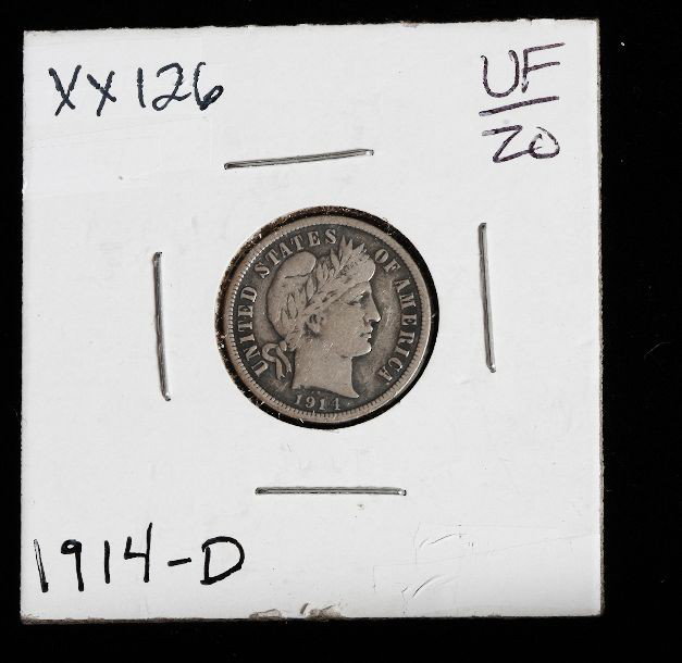 1914-D Barber Silver Dime XX126: "1914-D Barber Silver Dime XX126. Excellent Circulated Condition. SB6LM. . Thank you for viewing this lot. We are always adding new inventory and new auctions, so check back often. We appreciate your 