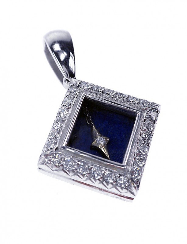18KT White Gold Lapis Lazuli & Diamond Prayer Lock: "18KT White Gold Lapis Lazuli & Diamond Prayer Locket Pendant. 0.53ct A1558. Excellent Condition! One electronically tested 18KT white gold ladies cast & assembled lapis lazuli & diamond prayer locket