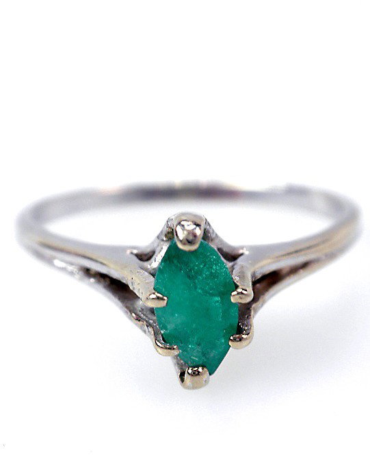 14KT White Gold Emerald Solitaire Ring 0.45ct A159: "14KT White Gold Emerald Solitaire Ring 0.45ct A1593. Excellent Condition! One electronically tested 14KT white gold ladies cast emerald solitaire ring with a bright polish finish. One prong set marqu
