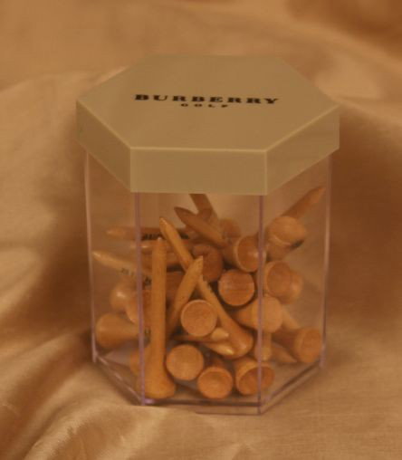 Brand New Burberry Golf Tees ED585: "Brand New Burberry Golf Tees ED585. Excellent Condition! VQ11XZ. New Burberry London golf tees in Burberry London logo jar. Container measures 3-1/2" tall x 3-1/4" wide. Thirty embossed Burberry wood